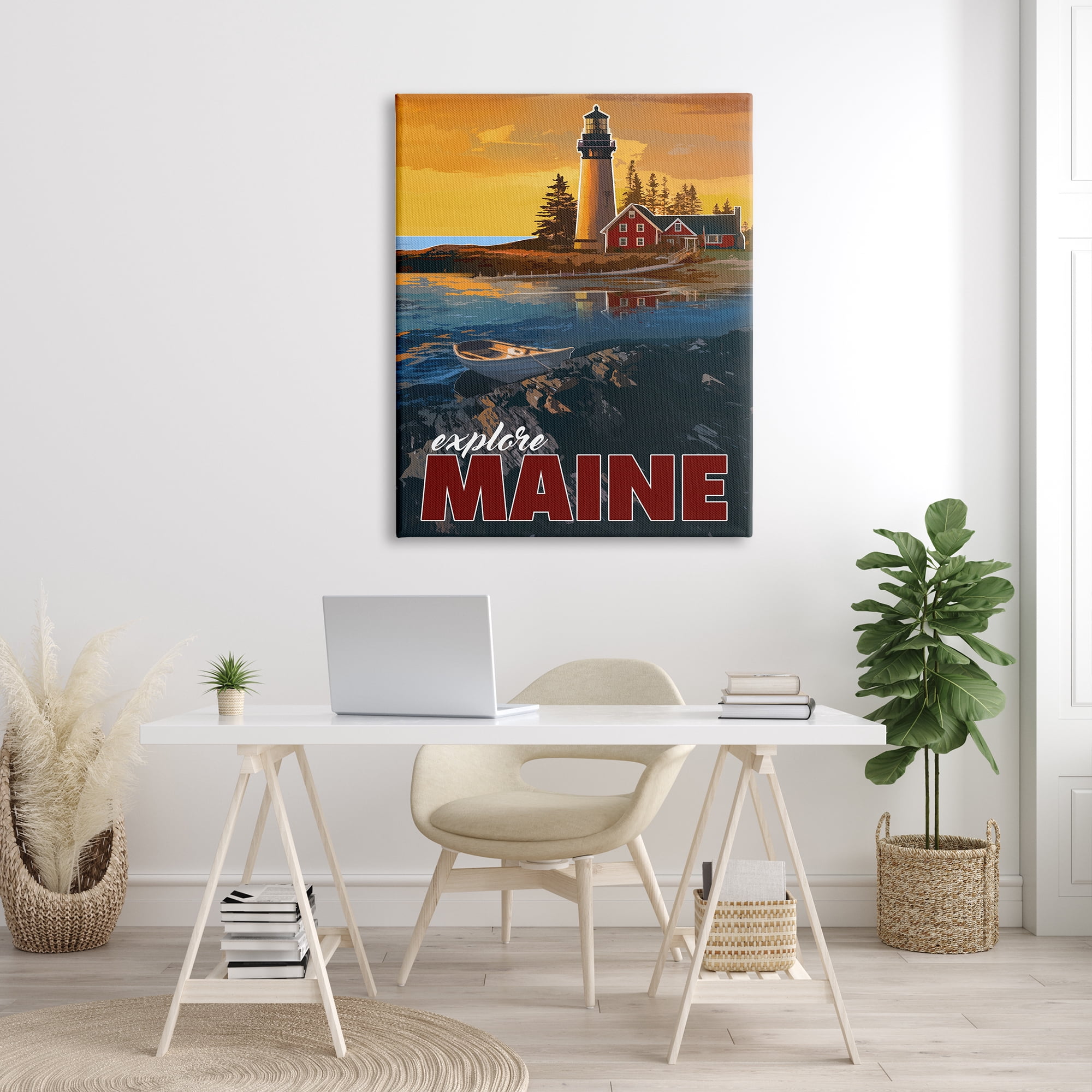 Stupell Industries Explore Maine Distant Ocean Lighthouse Beacon Travel Graphic Art Gallery Wrapped Canvas Print Wall Art, Design by David Owens Illustration