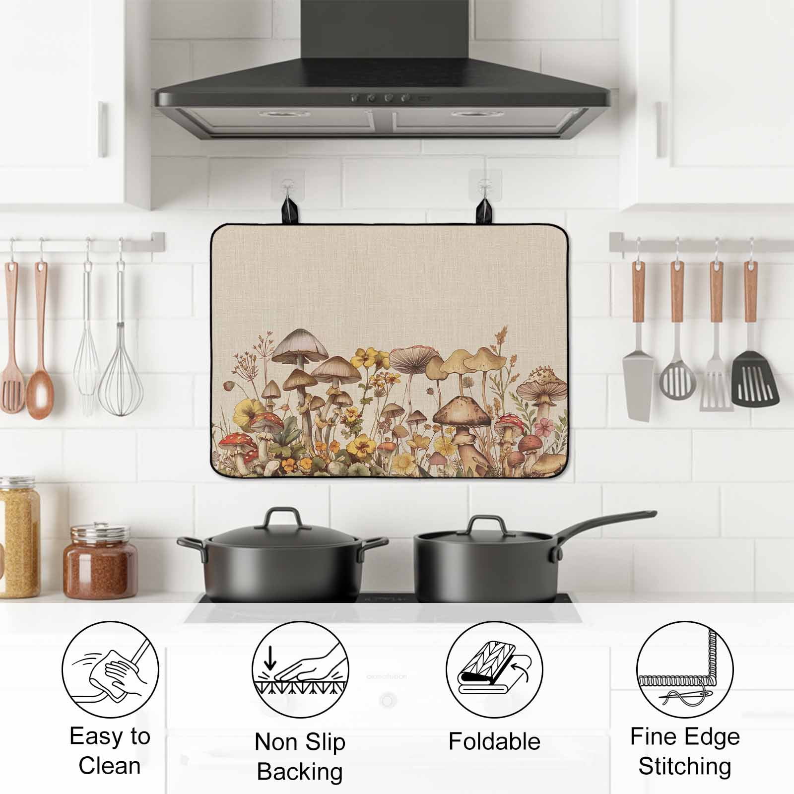 Mushroom Stove Top Cover for Electric Stove, Heat-proof & Non Slip Glass Top Stove Cover Protector, Farmhouse Summer Botanical Floral Rustic Kitchen Flat Cooktop Rubber Mat 24x21 Inches