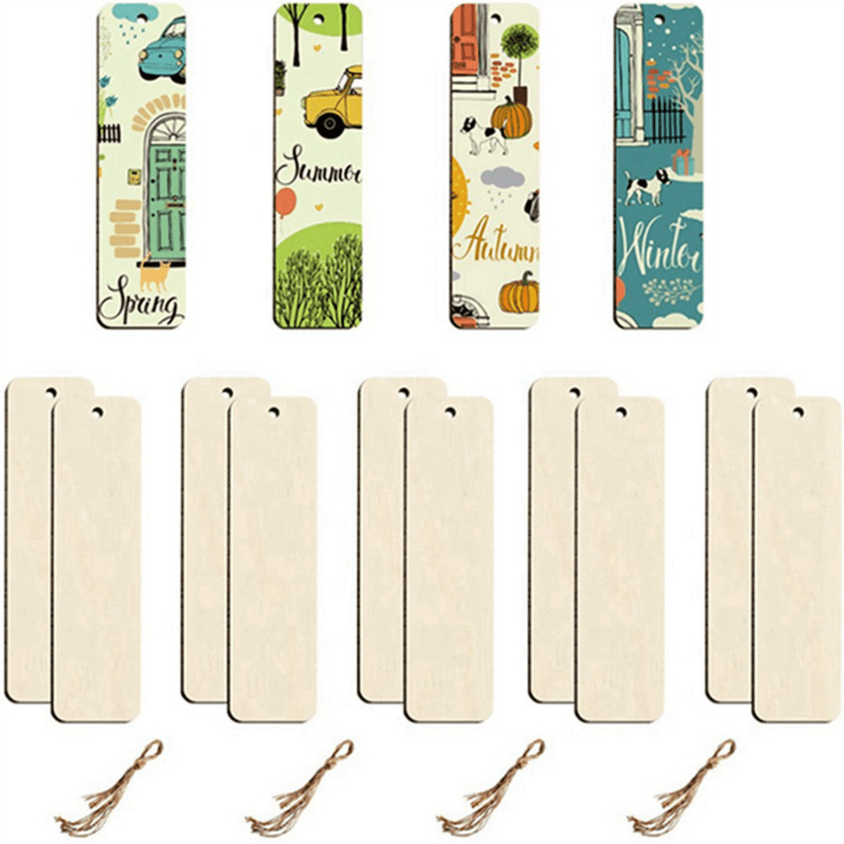 300Pcs Wooden DIY Bookmark Blank Bookmarks with Ropes Wooden Book Markers Rectangle Thin Hanging Tag