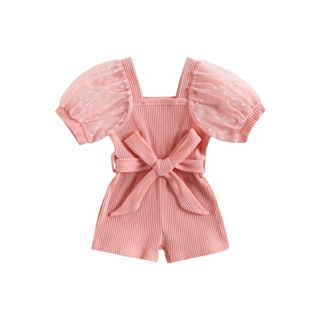 

Toddler Baby Girls Shorts Jumpsuit Summer Ribbed Mesh Short Sleeve Romper Playsuit with Bowknot