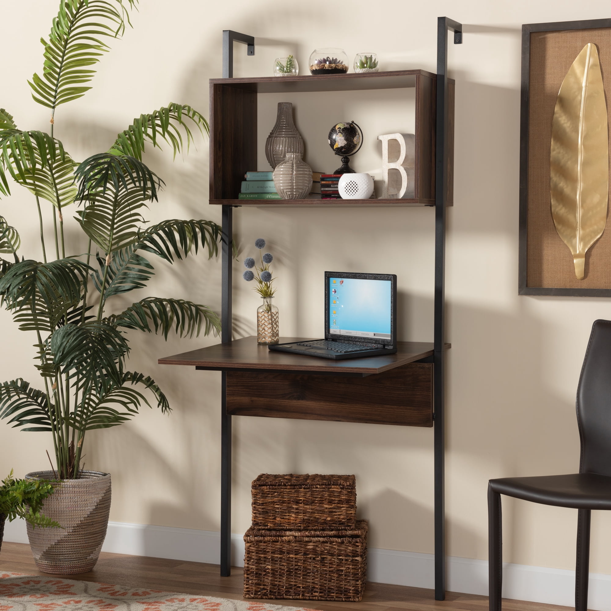 Baxton Studio 30"W x 23.6"D x 69.7"H 1-Shelf Wall Shelves, Black and Walnut Brown