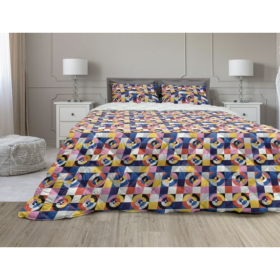 Geometric Comforter & Sham Bedding Set, Colorful Abstract Circles Formed of Curved Stripes in Continuous Pattern, 3 pcs Duvet Set Microfiber Filling Quilt, 5 Sizes, Multicolor, by Ambesonne
