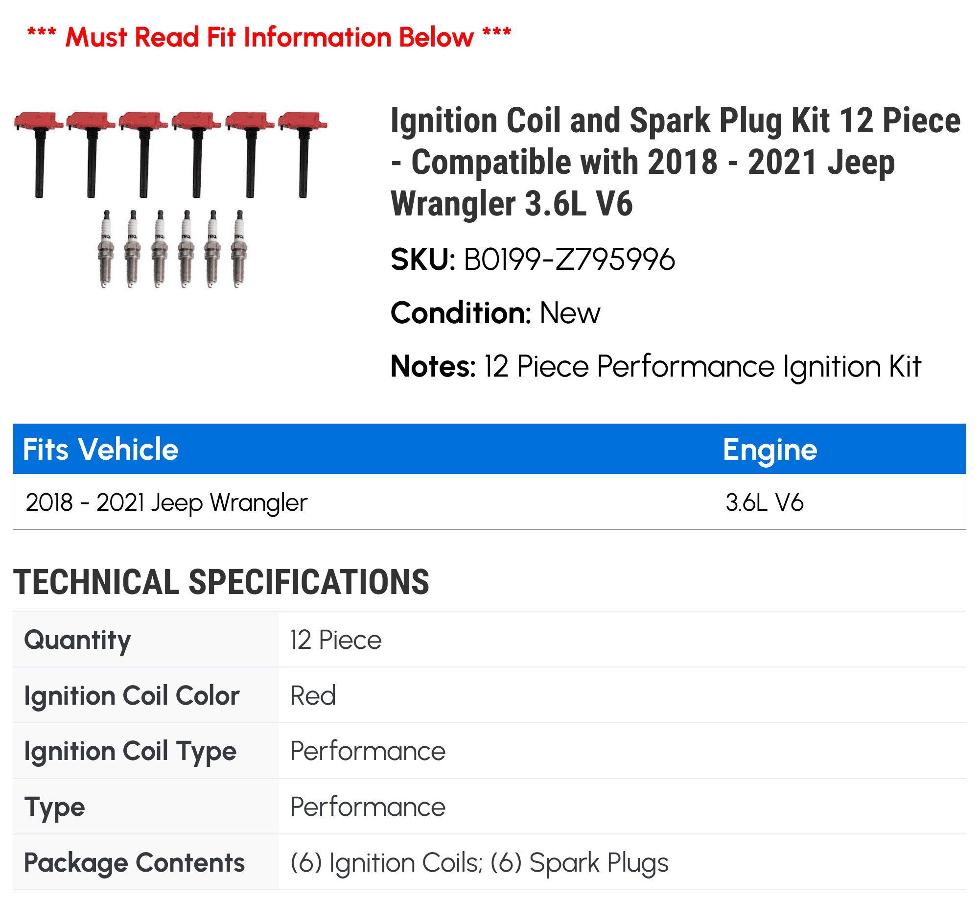 Ignition Coil and Spark Plug Kit 12 Piece - Compatible with 2018 - 2021 Jeep Wrangler 3.6L V6 2019 2020