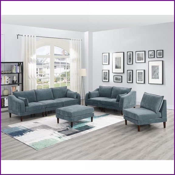 6-Piece Modular Sofa Set - Modern Plush Suede-Like Fabric, Mineral Color for Living Room | Fabric | Grayish | Cushion Back