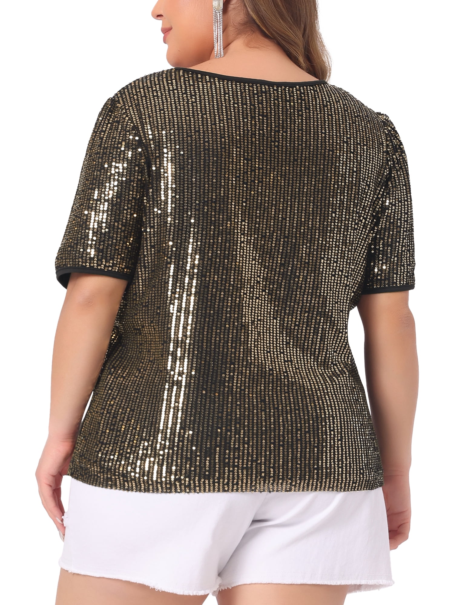DARING DIVA Women's Plus Sparkly V Neck Short Sleeve Party Tops Blouses 2X Gold