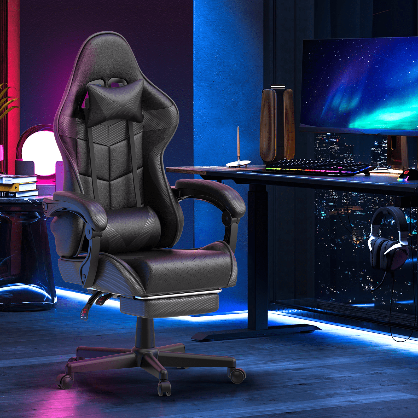 Huracan Gaming Chair with Footrest, Adjustable Height Computer Office Chair with Massage Lumbar Pillow&Headrest, Ergonomic High Back Leather Gamer Game Desk Chair for Adults,Black