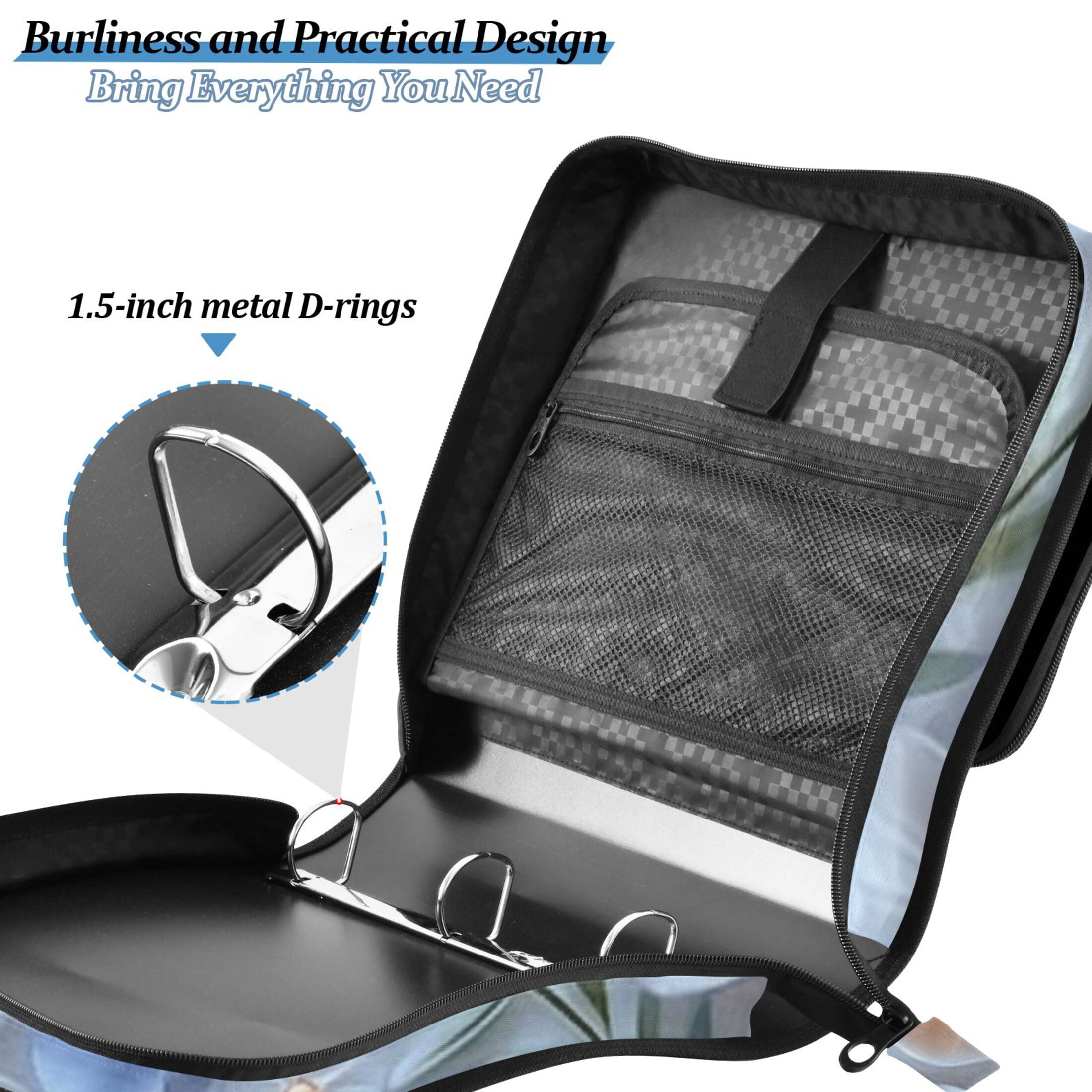 3 Ring Zipper Binder with Shoulder Strap Waterproof Trapper Keeper 2 Inch D-Ring 500 Sheets Capacity White Blue 3d Flower