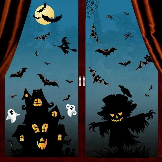 Halloween Window Clings Sticker Decorations - Halloween Removable Static Window Glass Stickers, Witch Spider Bat Skeleton Ghost Decals for Halloween Party Supplies Decor
