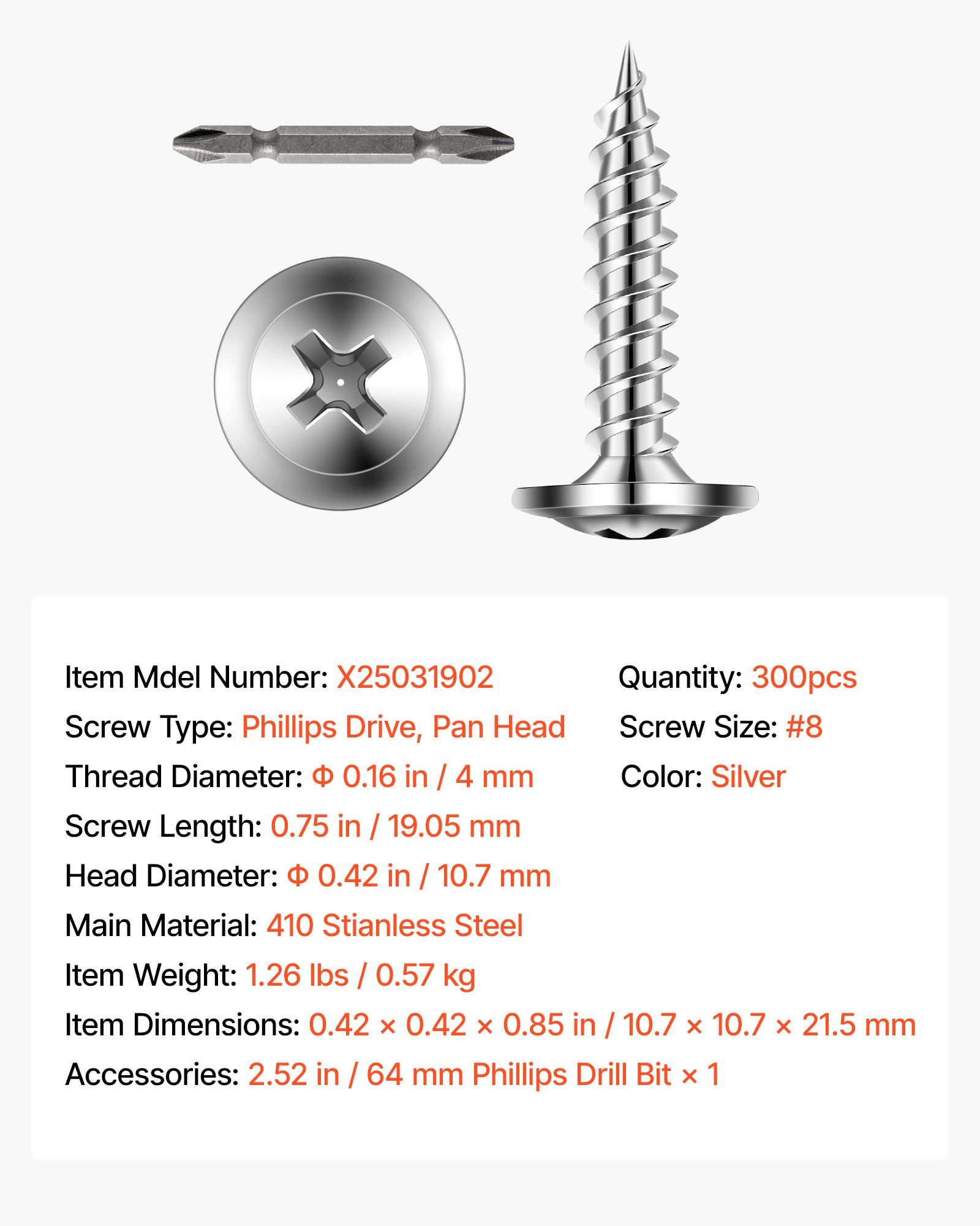 #8 x 3/4 Inch Self Drilling Screws for Drywall to Wood, 300PCS Stainless Steel Construction Fasteners with Flat Countersunk Head, Rust Resistant Self Tapping Screws for Home, DIY, and Industrial Use