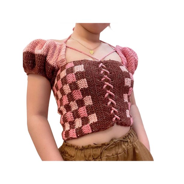 Sunloudy Tops cortos para mujer, cuello cuadrado, manga corta, contraste de color, estampado a cuadros, suéter, camisa de punto para damas jóvenes Sunloudy S M L