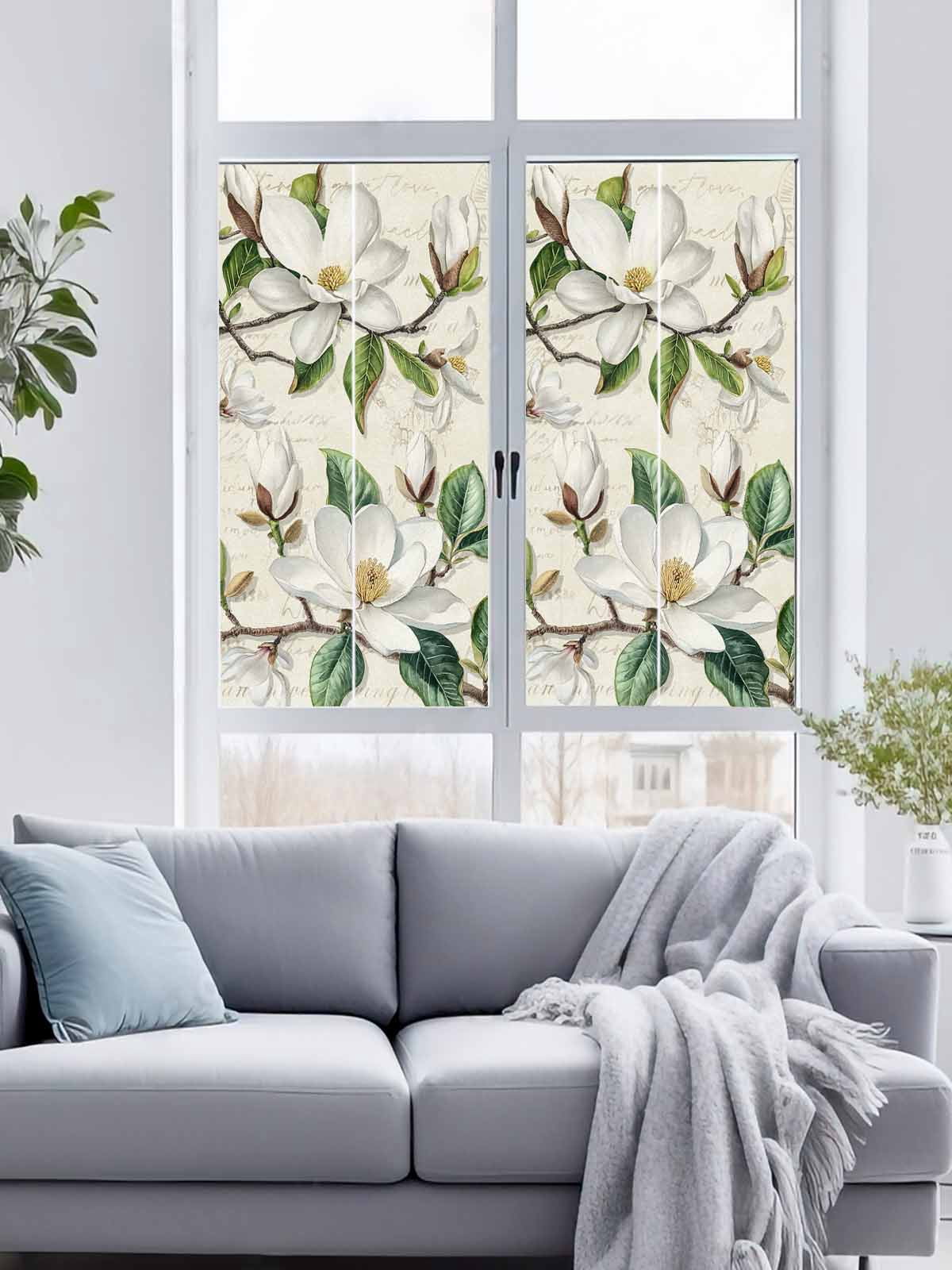 Sun Blocking Glass Window Film, Vintage Floral Spring Window Privacy Film Frosted, Rustic Botanical White Flowers Reusable Windows Privacy Sticker for Home Decor, Nursery, 23.6 x 78.7 Inches