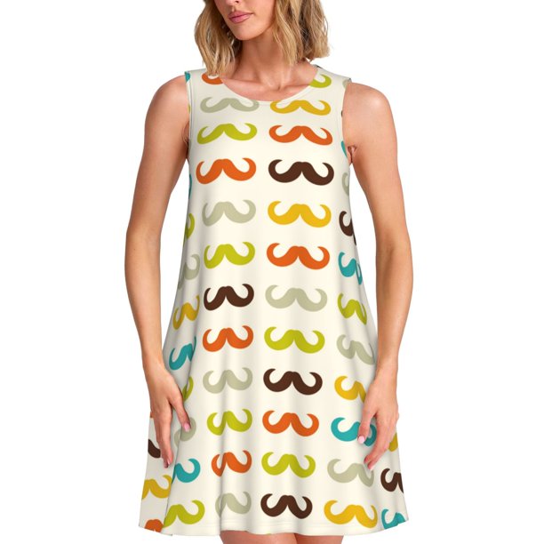 Balery Colorful Mustache Vestidos de verano para mujer con estampado: vestido holgado sin mangas, vestido playero informal y cómodo para días calurosos.