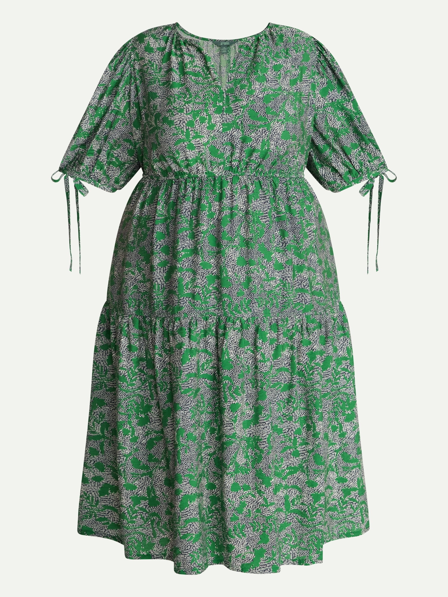 Terra & Sky Women’s Plus Tiered Midi Dress with Short Puff Tie Sleeves, Sizes 0X-5X