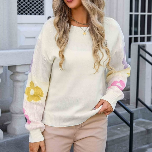 Womens Sweater Long Sleeved Round Neck Flower Printed Casual Pullover Sweater White L Sweater for Women