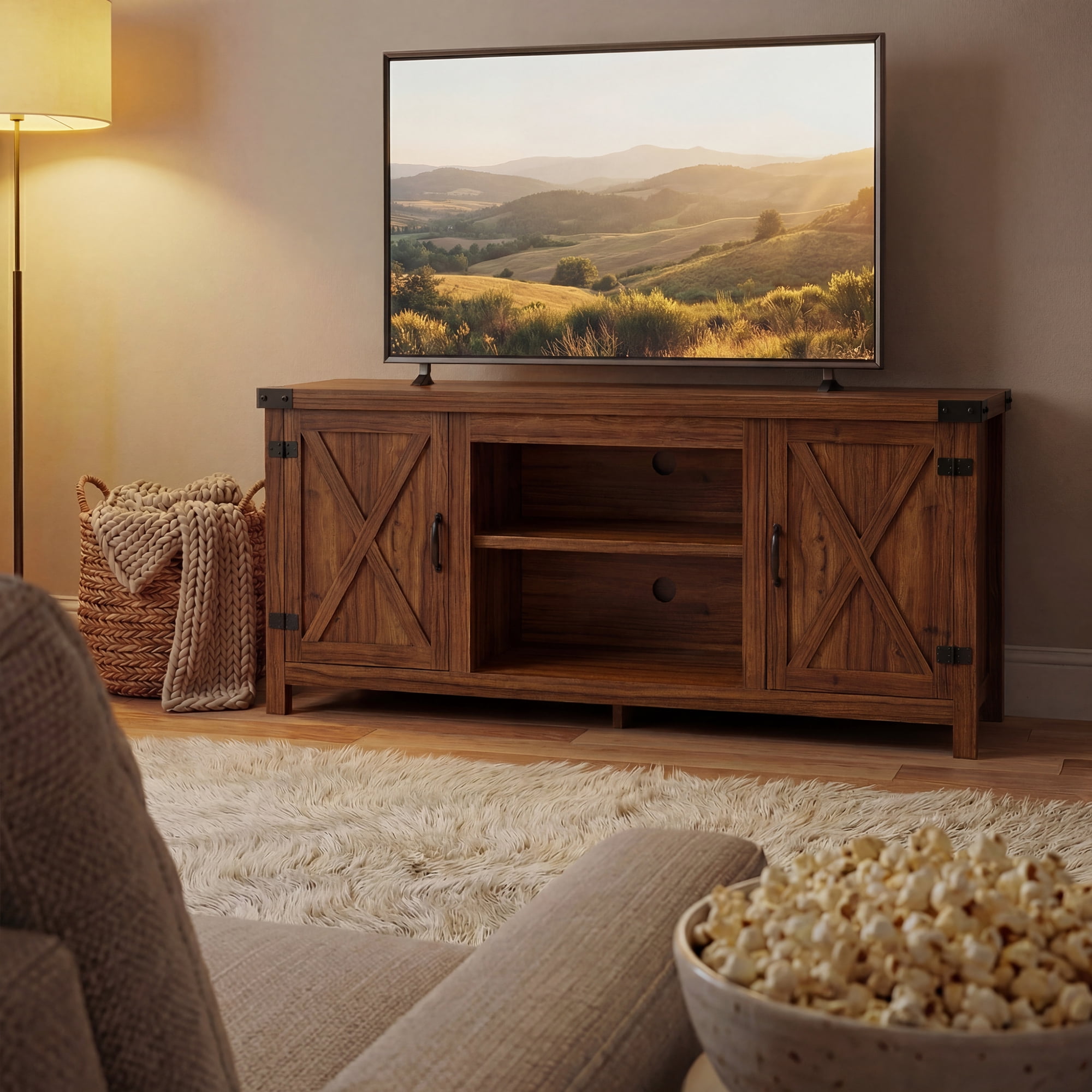 Vineego TV Stand for 65 Inch TVs, Farmhouse Storage Cabinet with Sliding Doors and Cord Management, Rustic Brown