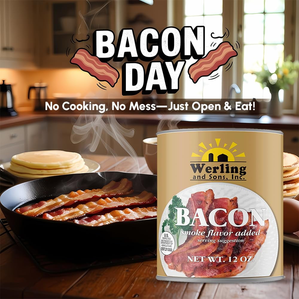 (Pack of 6) Werling Canned Bacon 12 Oz Smoke Flavor Added Fully Cooked Ready to Eat Bacon Shelf-Stable Canned Meat Long Term Storage Camping Survival and Emergency Preparedness Canned Food