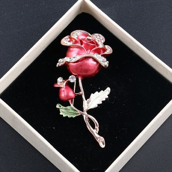 LULULION Rhinestone Rose Brooch Red Alloy Crystal Breastpin Accessory for Wedding Party and Casual Wear