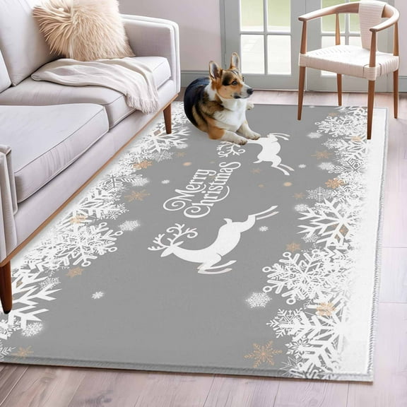 Grey Christmas Area Rug 3x5 Washable Rug Non Slip Xmas Elk White Snowflake Winter Holiday Large Area Rug Indoor Floor Carpet for Entryway Bedroom Kitchen Living Room Home Office Dining Room Nursery