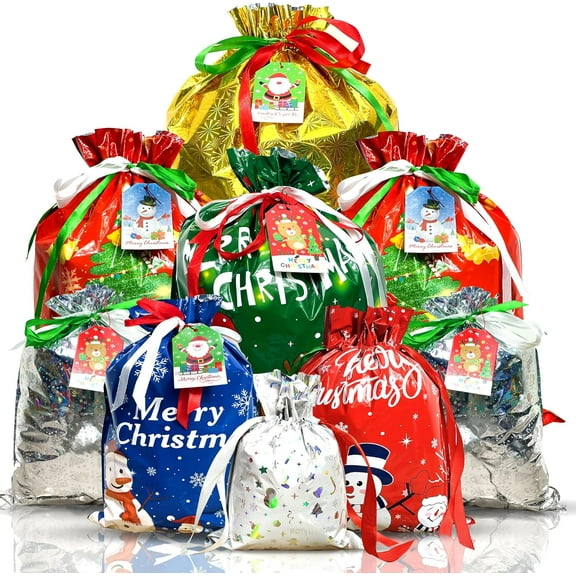 38 count Christmas Drawstring  Bags with Tags, Assorted Sizes for Xmas Party Favors & Holiday Present Wrapping, Small/Medium/Large