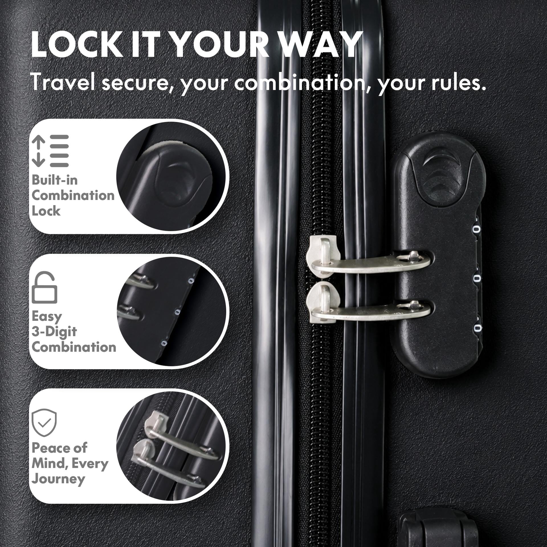3-Piece ABS Hardshell Luggage Set, Lightweight Durable Suitcases with 4 Silent Spinner Wheels and Combination Lock, 20/24/28 Inch, Black