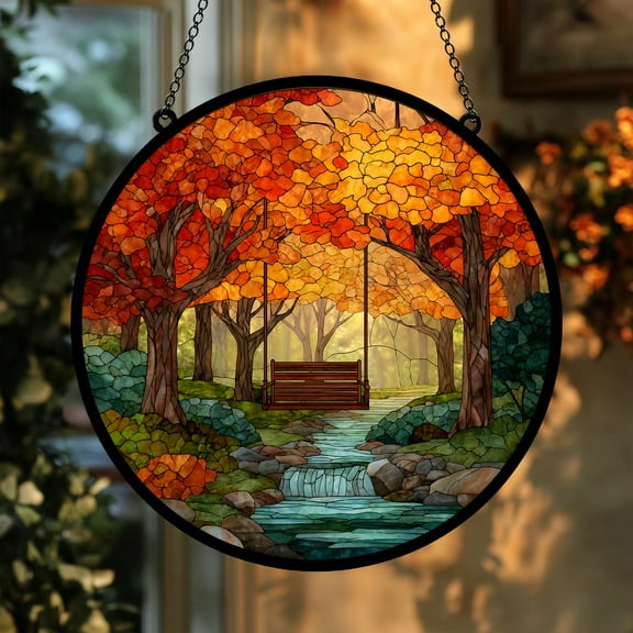 Fall Maple Leaves Stained Glass Window Hanging, Autumn Park Landscape Faux Stained Glass Suncatcher Panel, Rustic Cabin Seasonal Gift Idea