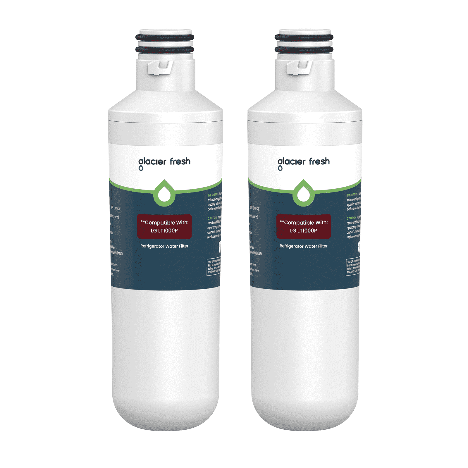GLACIER FRESH LT1000PC Refrigerator Water Filter, NSF/ANSI 53 & 372 Certified, Compatible with MDJ64844601, ADQ747935, ADQ74793504, LG LT1000P, 2 Pack
