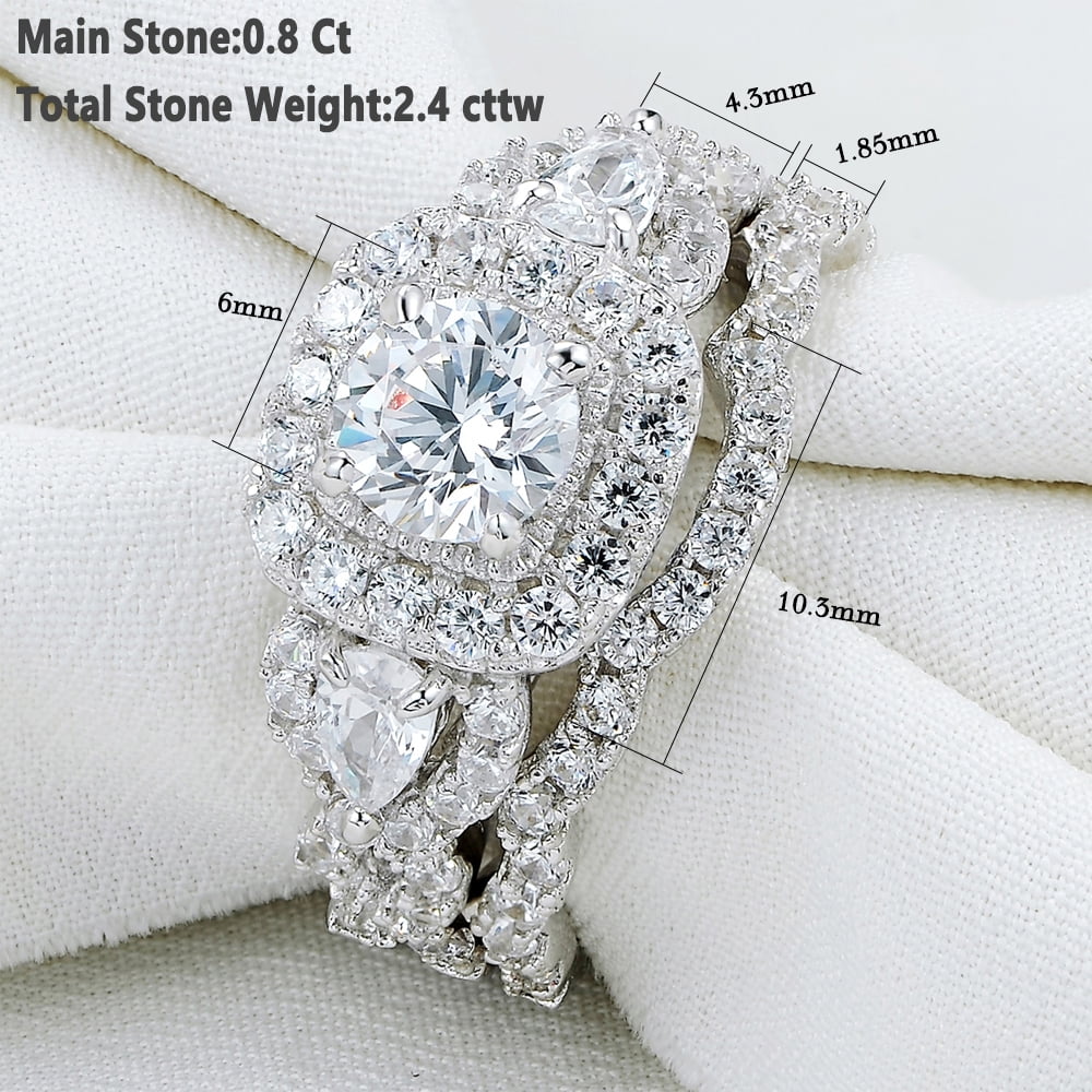 Newshe Jewellery Wedding Ring Set For Women Engagement 2.4ct 925 Sterling Silver Round Pear White Cz Size 10