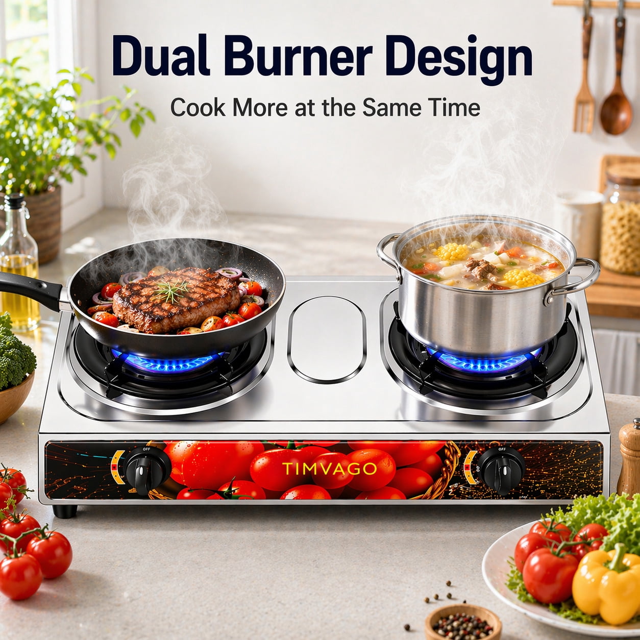 Portable 2 Burner Propane Gas Stove, Stainless Steel Camping Stove with Auto Ignition, Outdoor Cooking Stove with Regulator Hose