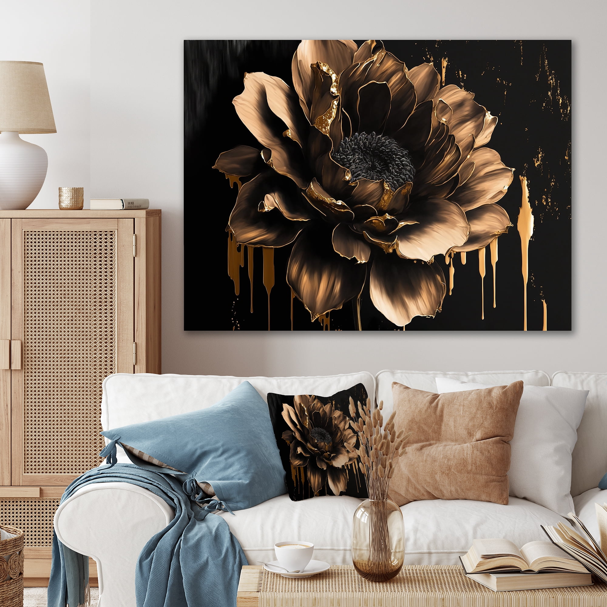 Designart Black And Gold Dahlia Canvas Wall Art