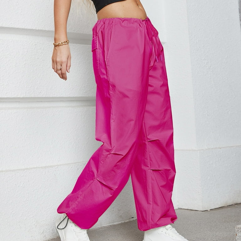 Parachute Pants Women, Fashion Elastic Cargo Trousers Baggy Low Waist  Zipper Track Pants Clothing (Color : Pink, Size : XX-Large)
