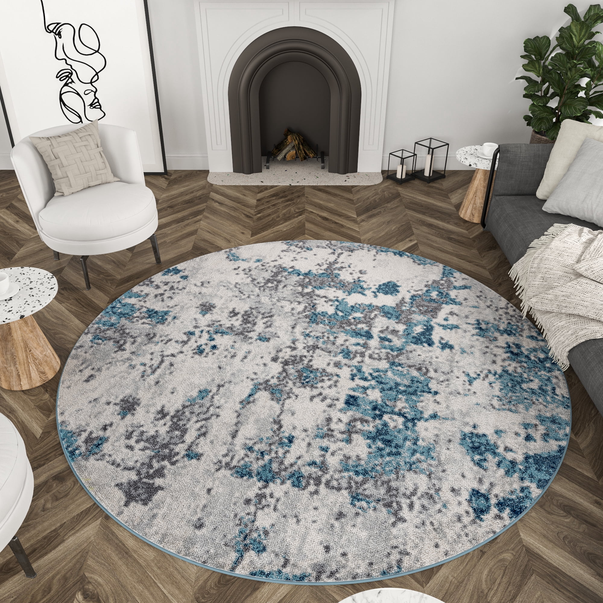 Bliss Rugs Modern Contemporary Abstract Round Rug for Living Room, Dining Room | Blue, 7'10''Round