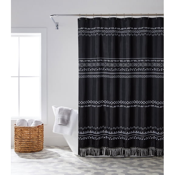 Black Boho Stall Shower Curtain with Tassel, Farmhouse Bathroom Curtain Sets with Hooks, 72" Wx72" H