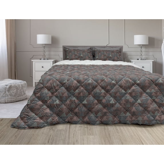 Ethnic Comforter & Sham Bedding Set, Illustration of Triangles Along Grunge Polka Dots Spots Retro Classic, 3 pcs Duvet Set Microfiber Filling Quilt, 5 Sizes, Blue Grey and Dried Rose, by Ambesonne