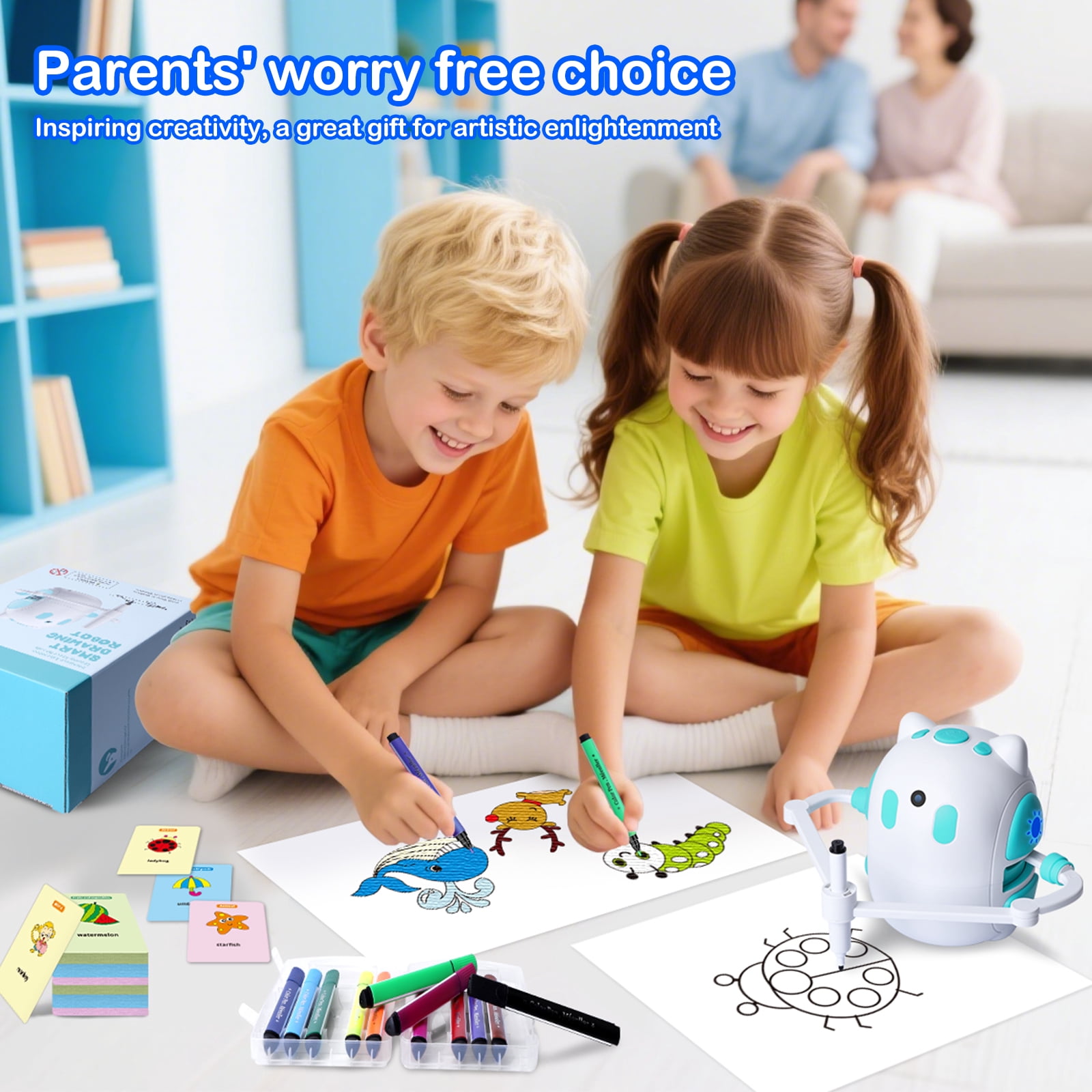 Sumsoltic Drawing Robot for Kids 150 Educational Cards Smart Drawing Robot Voice Interactive Partner Montessori Painting Toy for Boys & Girls Ages 3-8 Perfect for Birthdays Christmas and Learning Fun