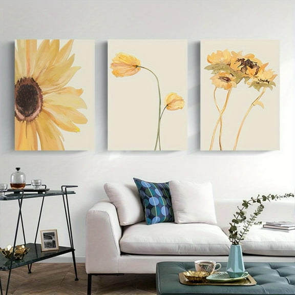3pcs Bright Yellow Sunflower Canvas Printing Wall Art Set, Modern Botanical Flower Prints, Wood Material, Ready to Hang Decor for Living Room, Bedroom, Office Unframed