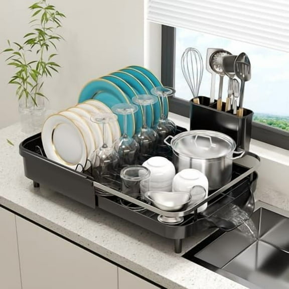 Expandable Dish Drying Rack,Dish Rack for Kitchen Counter-Dish Drainer with Efficient Drainage, Drainboard Set, and Utensil Holder, Over The Sink Dish Drainer Drying Rack