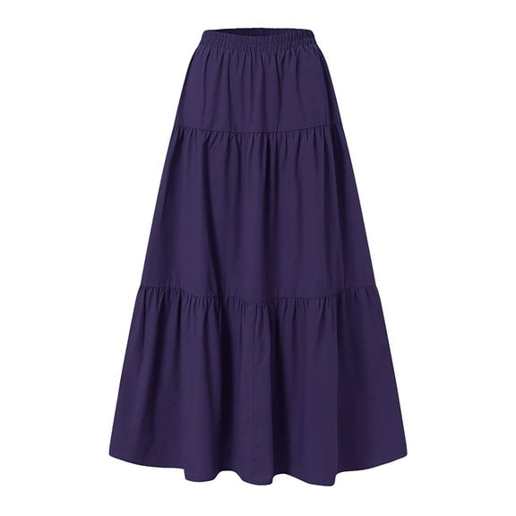 Plus Size Skirts Ladies High Waist Cotton Linen Solid Pleated Loose Swing Half Length Skirt Womens Skirt Purple M