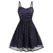 Women's Skull Printed Lace Gothic Dress Vintage Steampunk Strappy Swing Dresses Halloween Costume