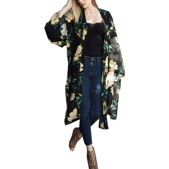 Womens Long Anemone Floral Print kimonoCream Cardigan (Black)