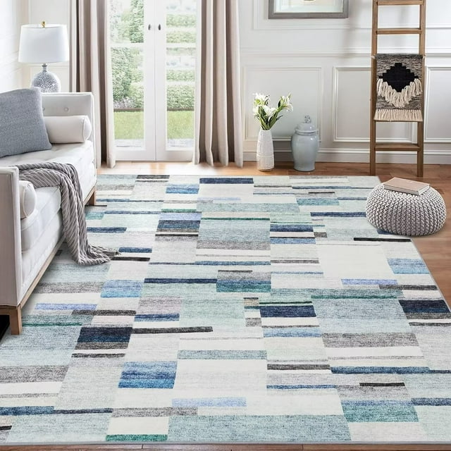 Hasoo 9' x 12' Large Area Rug for Living Room Bedroom Geometric Abstract Rug Indoor Modern Color-Block Rug Low Pile Non-Slip Carpet, Blue
