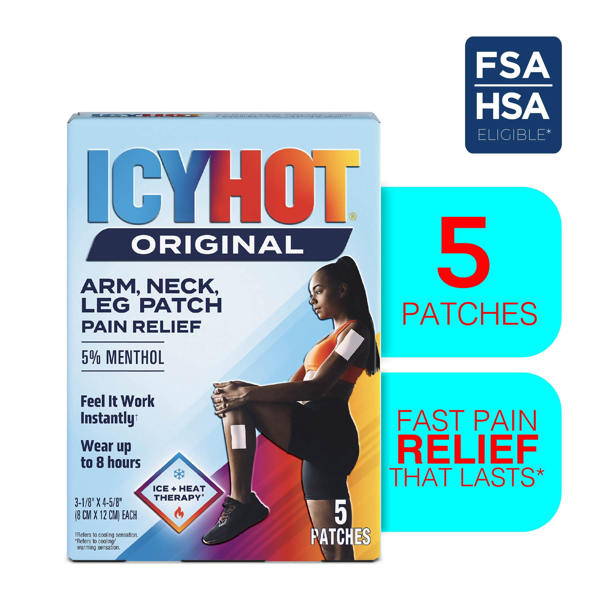 Icy Hot Original Pain Relief Patch, Medium Size Fabric Patches for Arm, Neck and Leg With Menthol 5%, Ice and Heat Contrast Therapy for Backaches, Joints, Muscle Strains and Arthritis, 5 ct.