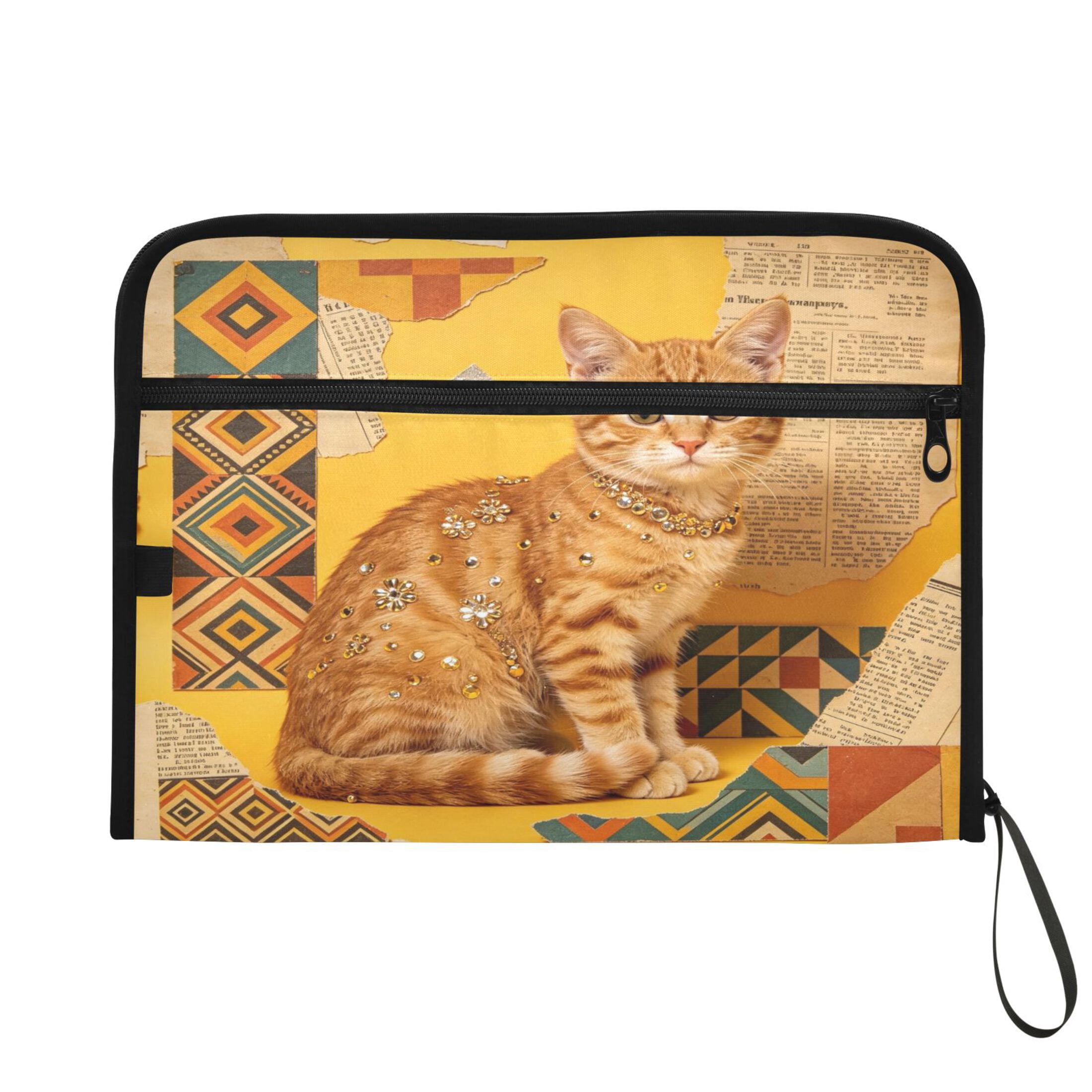 13-Pocket Expanding File Folder—Nylon Accordion File Organizer with Handwritten Labels, Glam Orange Cat