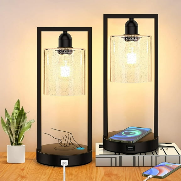 Set of 2 Dimmable Bedside Nightstand Lamps with USB Port, Black