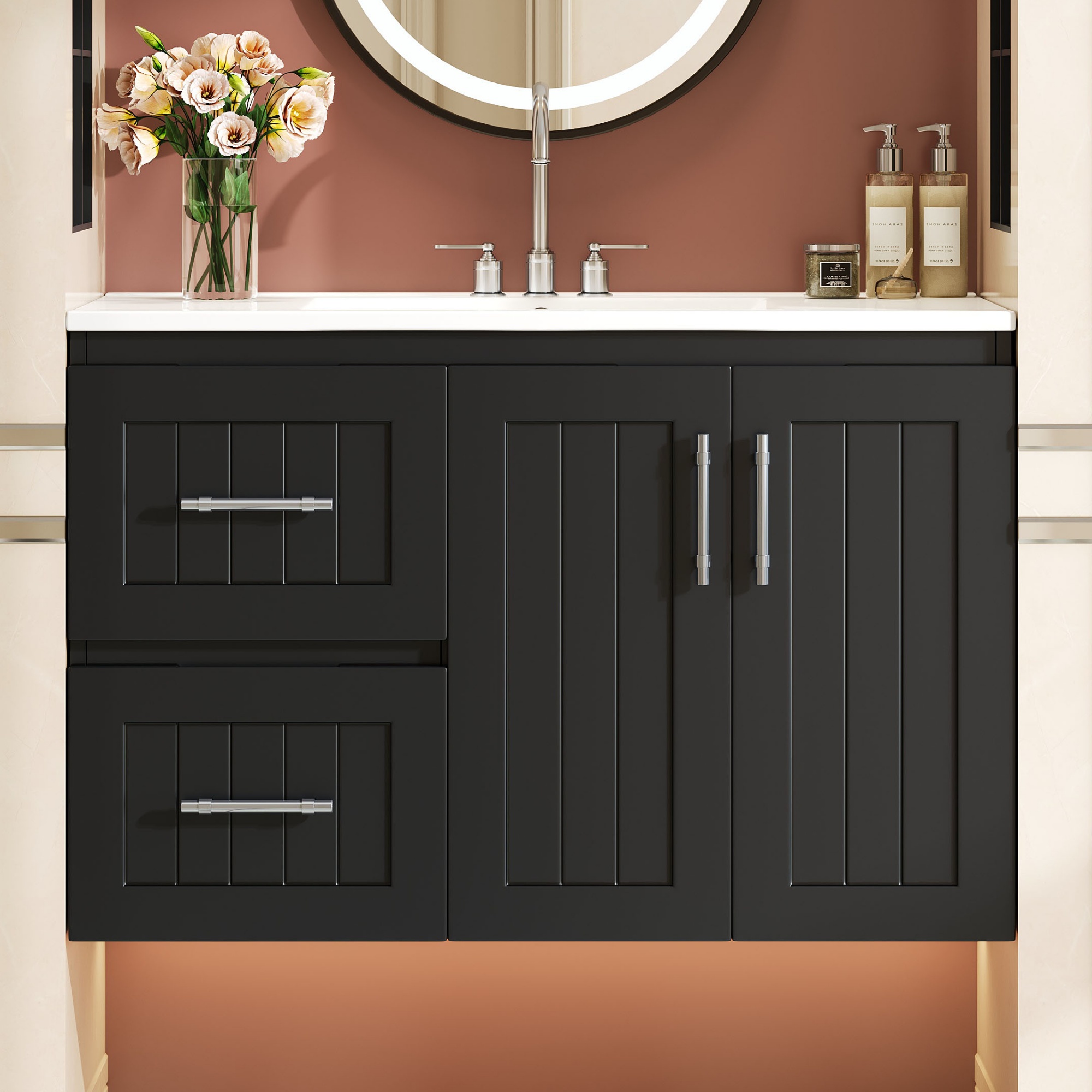 Euroco 36'' Wall Mounted Bathroom Vanity, Floating Bathroom Storage Cabinet with 2 Drawers, 3 Holes Single Ceramic Sink, Modern Cabinet with Adjustable Shelf
