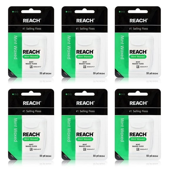 Reach Mint Waxed Dental Floss, 55 Yards (50.2 m), #1 Selling Waxed Floss, Smooth Glide for Easy Cleaning Between Teeth (Pack of 6)