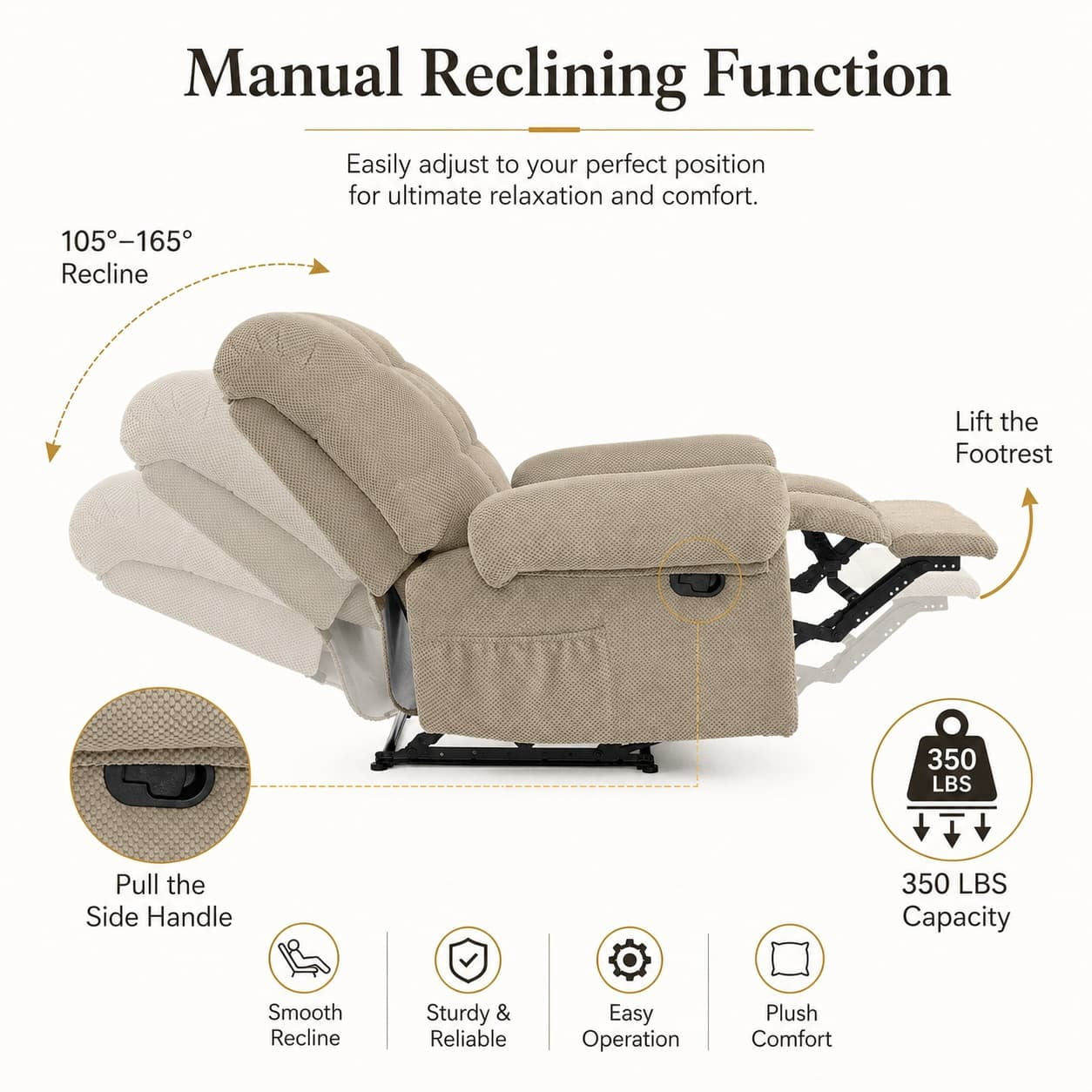 Aukfa Overstuffed Manual Recliner Chair, Upholstered Glider Lounge Armchair with Footrest for Bedroom Reading,Camel