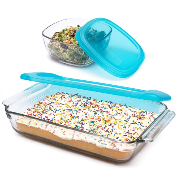 Libbey Baker’s Premium Bake & Store 4 Piece Glass Set with 9x13 Baking Dish and 6 Cup Storage Container with Blue Plastic Lids