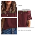 thumbnail image 4 of Camiseta de encaje de manga corta para mujer Color puro Cuello redondo de moda Blusa de manga de encaje con cuello redondo de color liso Vino Rojo M, 4 of 6