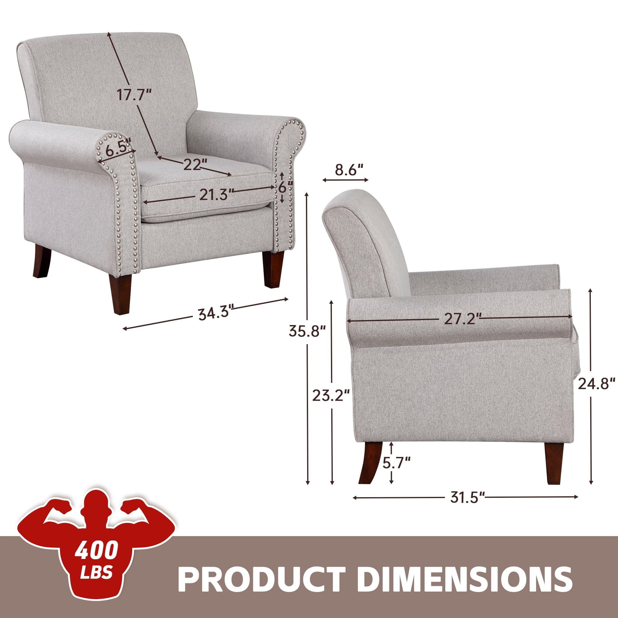 TrumanPick Accent Chairs Fabric Living Room Chairs Armchair with Nail-Head Trim Cozy Sofa Chair for Bedroom, Grey