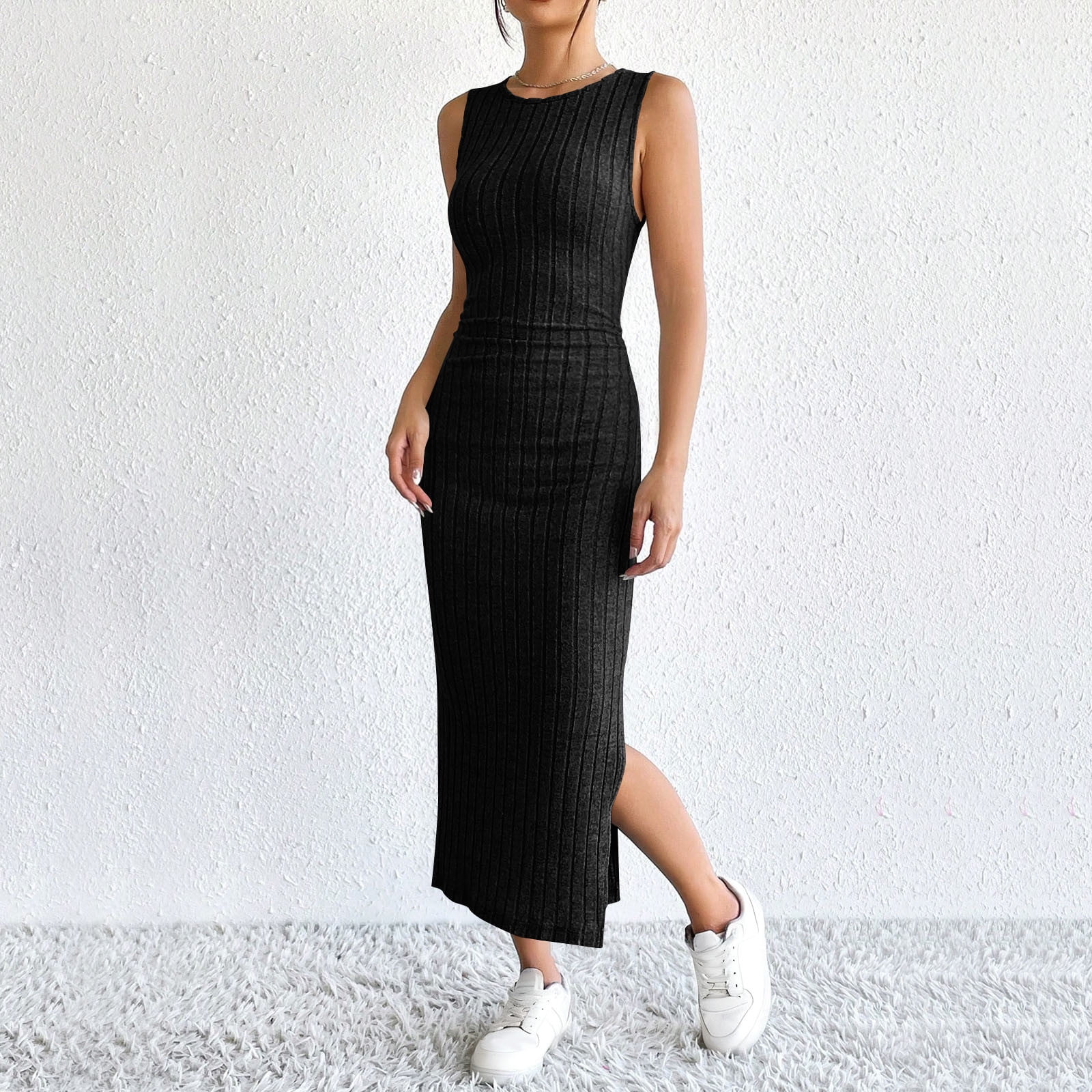 Feancey Women Sweater Dress Set Knit Bodycon Dresses & Long Cardigan 2 Piece Outfits Fall Sleeveless Slit Maxi Dresses Black M, Women's, Size: Medium